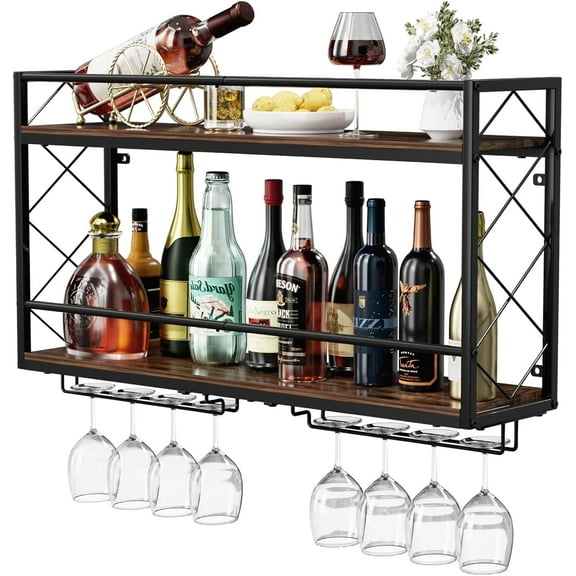 Wine Rack Wall Mounted 2 Tier Wall Wine Rack with Glass Holder, Double Layer Anti-Drop Crossbar, Wine Holder for Home Kitchen Bar, Black