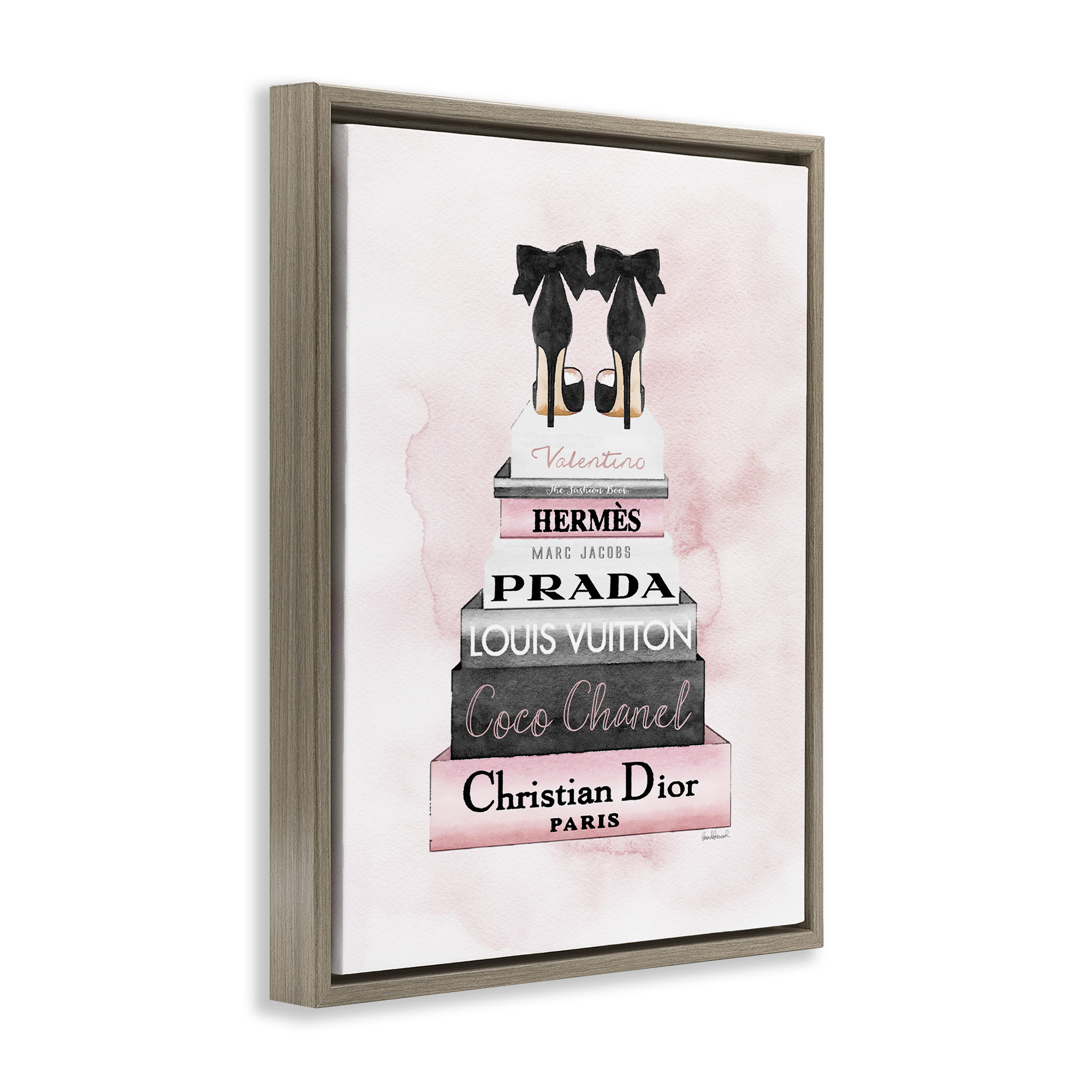 Stupell Industries Black Heels on Bookstack Beauty & Fashion Painting Brown Floater Framed Canvas Art Print Wall Art, 25 x 31