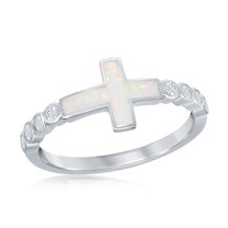 Sterling Silver / Rose Gold Plated Created White Opal Sideways Cross Half CZ Band Ring