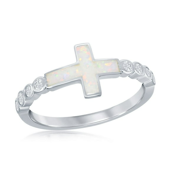 Sterling Silver / Rose Gold Plated Created White Opal Sideways Cross Half CZ Band Ring
