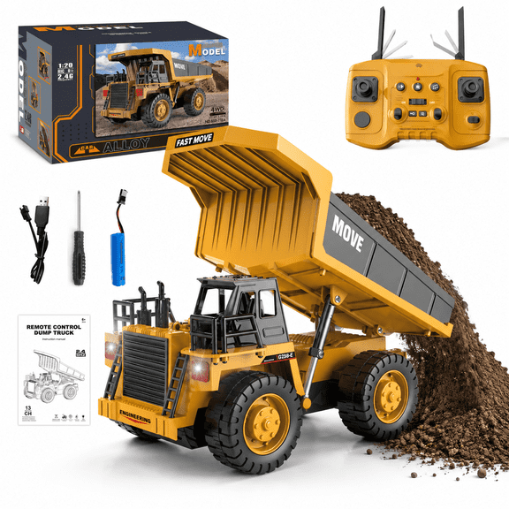 RC Dump Truck for Kids, Rechargeable 2.4GHz Remote Control Construction Vehicle Toy with Lights & Sounds, Electric Engineering Truck, RC Construction Toy Gift for Boys Girls Ages 3 