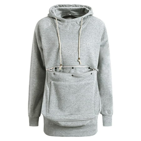 Women Pet Pouch Coat Hoodie Long Sleeve Big Pocket Pullover Cat Puppy Holder Solid Hooded Sweatshirt Grey M