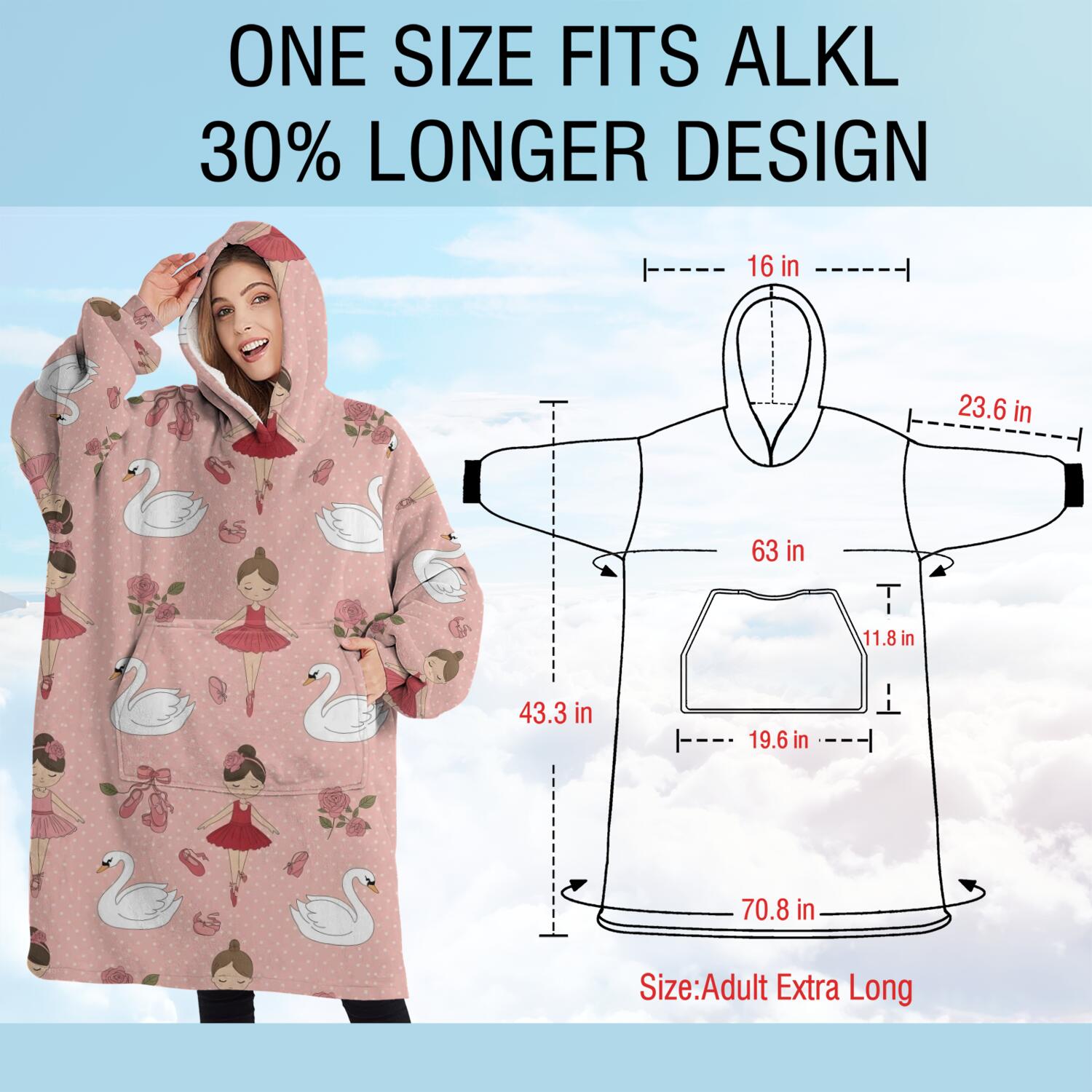 Oversized Wearable Blanket Hoodie,Pink Ballerina Swan Pattern Sherpa Blanket Hoodie with Super Pockets,Super Warm Fuzzy Pullover for Women & Men