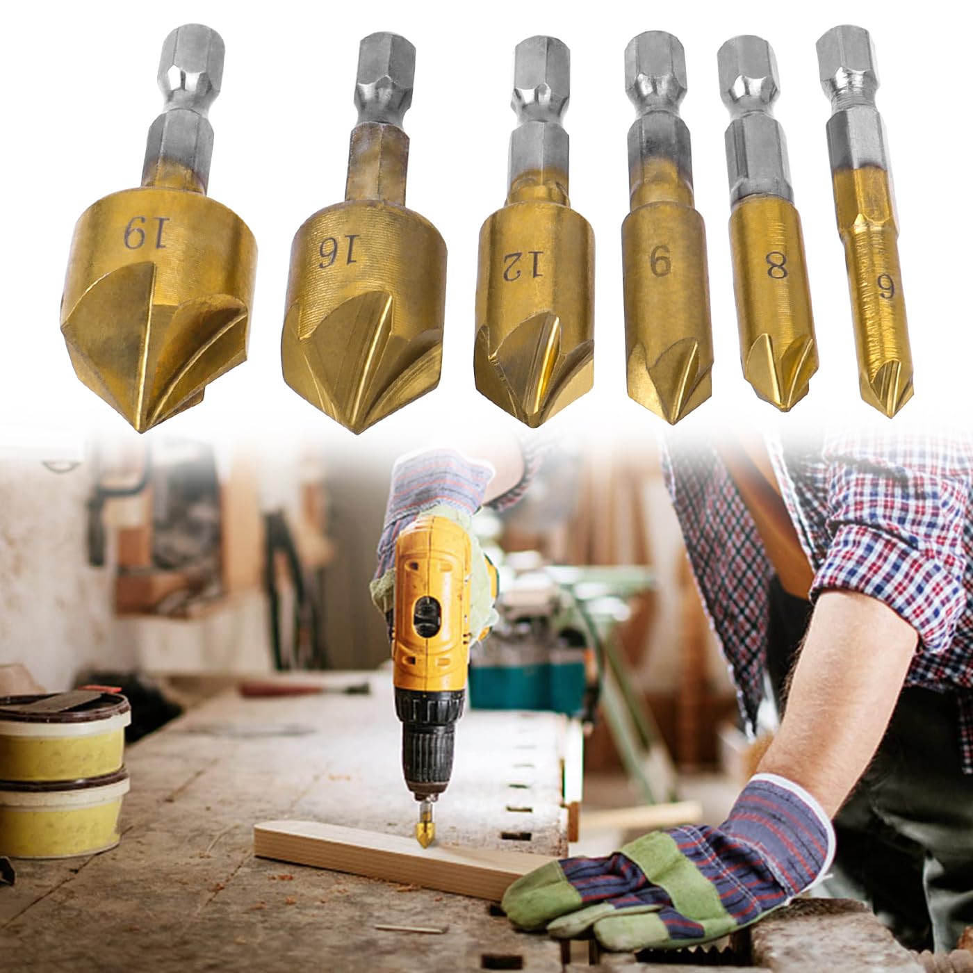 XYCCA 6 Pieces Countersink Drill Bit Set 1/4 Inch Hex Shank 5