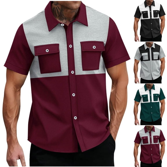 Eltusu Men's Casual Button Down Shirts, Summer Stretch Regular Fit Lapel Collar Short Sleeve Shirts Wine Size S-3XL