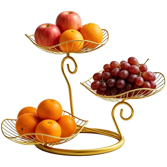 3 Tier Fruit Basket, Elegant Lotus Leaf Gold Fruit Bowl with Sturdy Metal Wire, Decorative Tiered Basket for Countertop, Storage Stand for Kitchen Living Room Snacks Vegetables and Bread