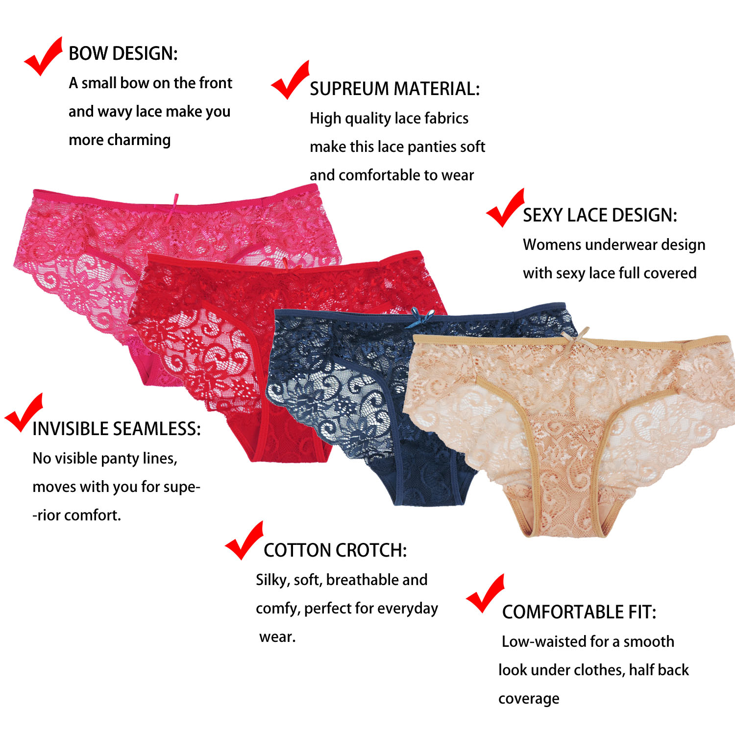 Sunm Boutique Women's Lace Cheeky Panties, 6-Pack photo 5