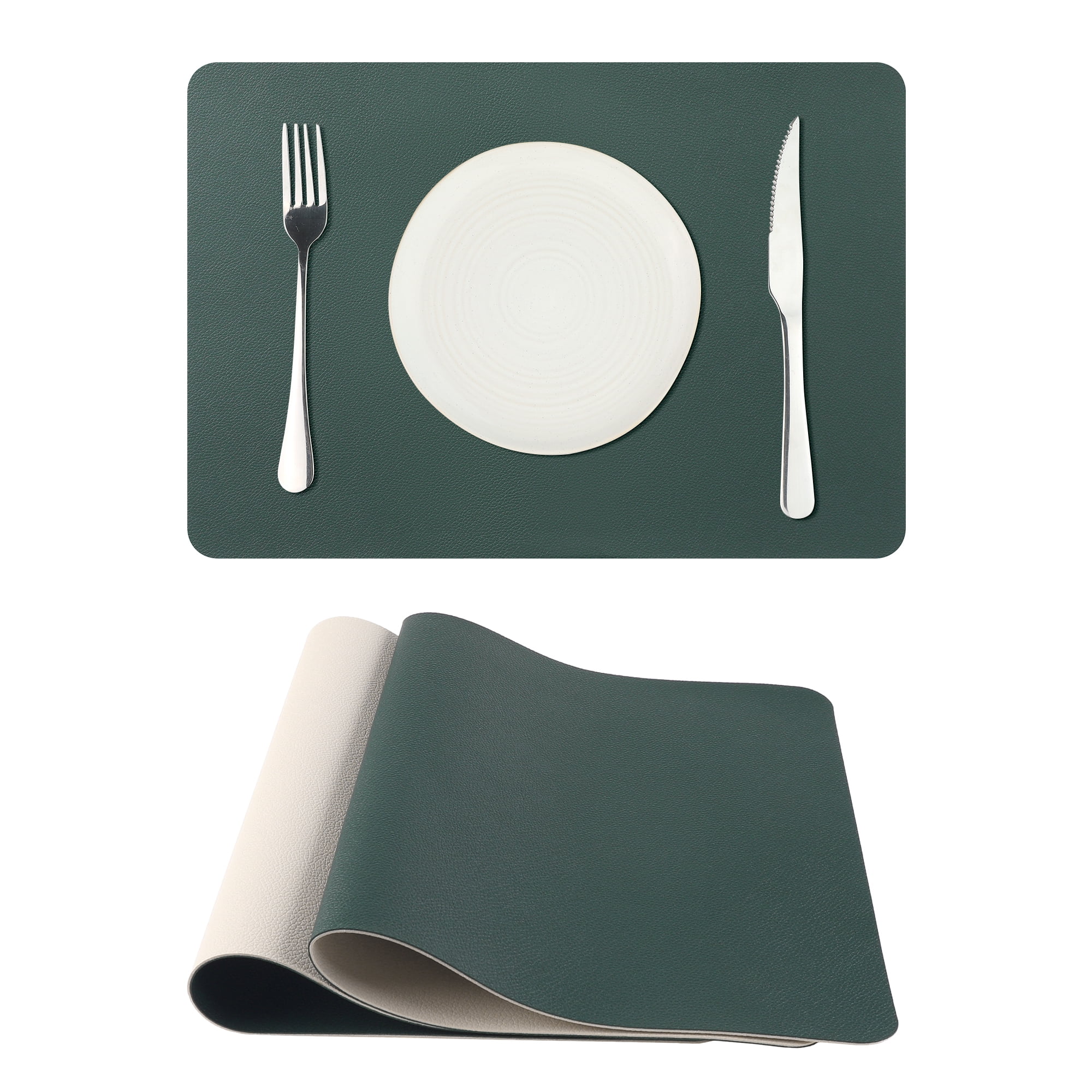 Unique Bargains Placemats Set of 2, Faux Leather Easy to Clean Table Mats Place Mats Green Beige 17x12 inch