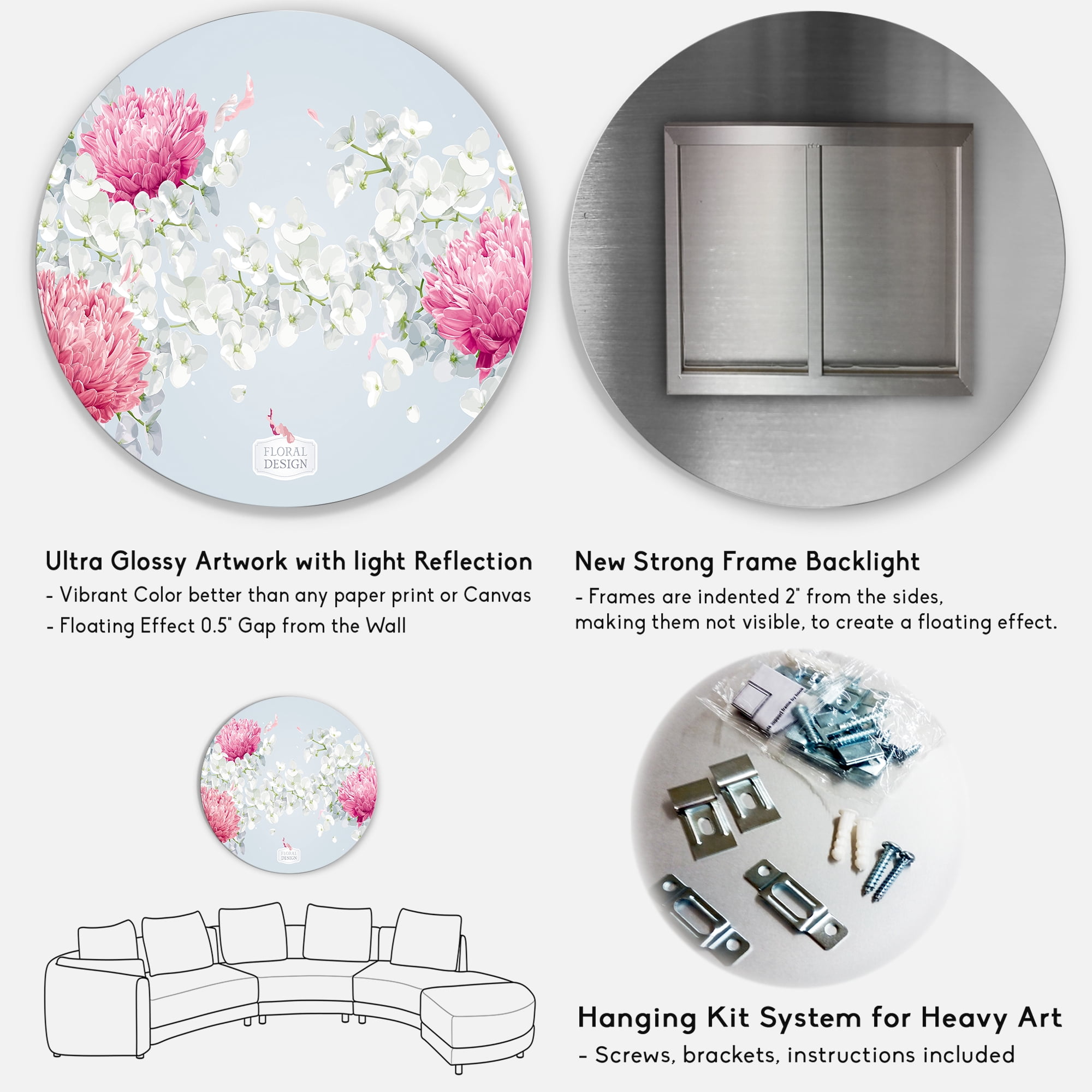 Designart 'Apple Blossom and Chrysanthemums' Traditional Circle Metal Wall Art 36x36 - Disc of 36