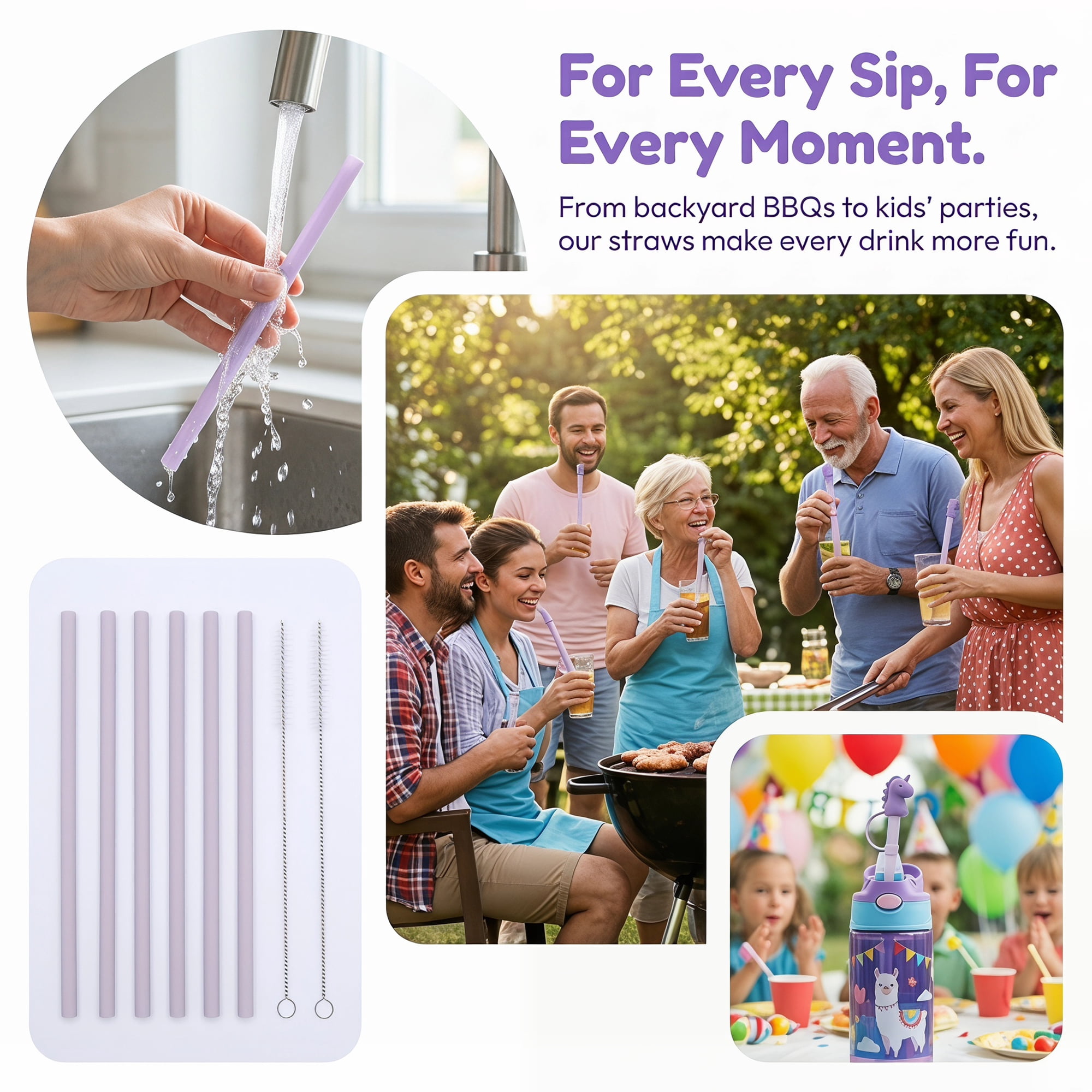 Unique Bargains 6Pcs Reusable Durable Dishwasher Safe Silicone Straws Purple A