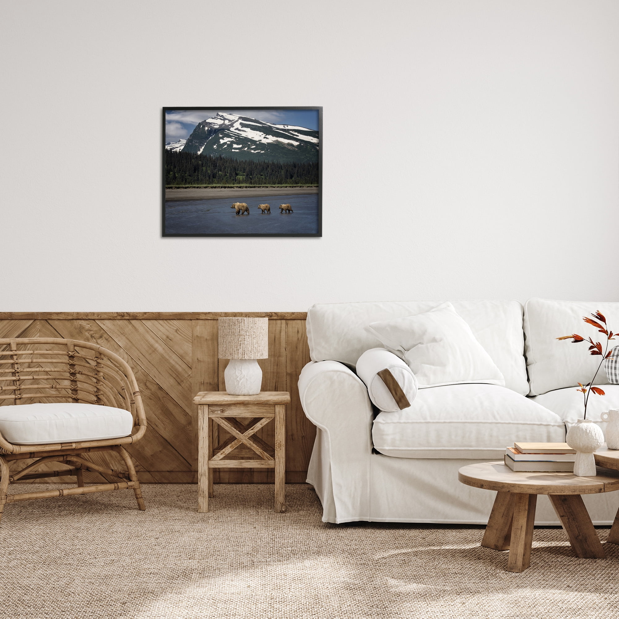 Stupell Industries Bears Crossing Icy River Landscape Photography Black Framed Art Print Wall Art, 30 x 24