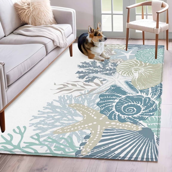 Summer Marine Life Washable Area Rugs 3'x5', Ocean Coral Coastal Starfish Teal Sand Dollar Low Pile Throw Living Room Rug Non-Slip Sturdy Edge Binding Carpet for Indoor Entryway Bedside Kitchen