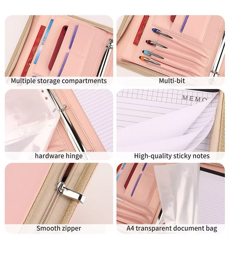 A4 Zipper Binder with Multi-Pocket Organizer, Leather Briefcase for iPad, Memo, Notebook, Pens, Documents, Perfect Gift for Office Business Professionals，Pink