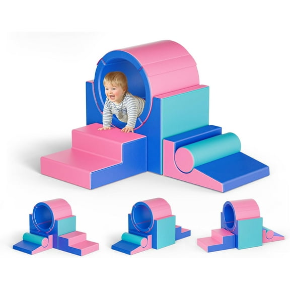 Lischwert Foam Climbing Blocks for Toddlers 1-3, 5pcs Soft Play Set with Tunnel Crawling Exploration Toys - Indoor Infant Safe Blocks for Baby Gym & Toddler Playground (Pink Blue)