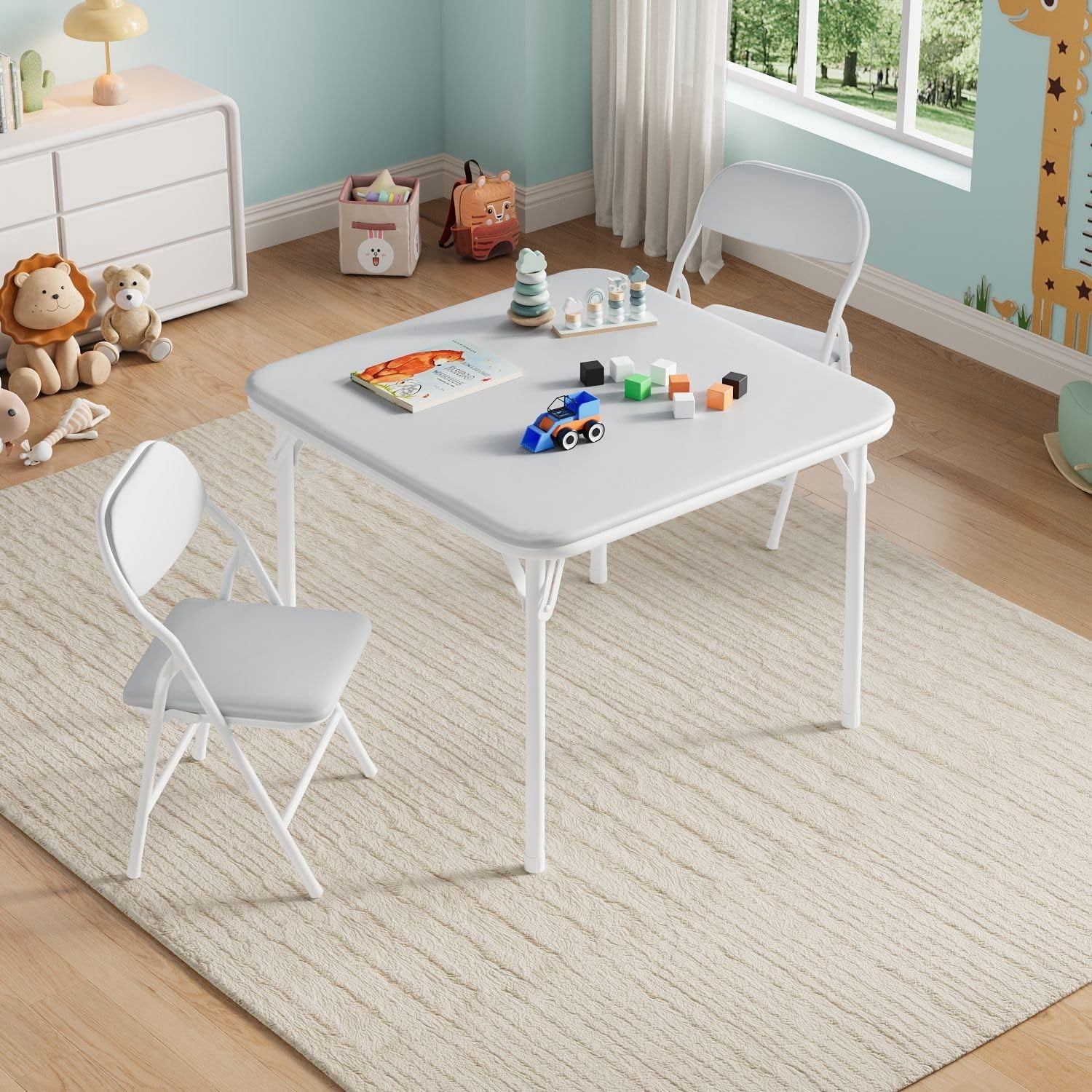 3/5 Piece Kids Folding Table and Chairs Set, Toddlers Boys Girls Games Table and Chairs Set, Activity Table and Chairs Set for Dining Room,Daycare,Classrooms