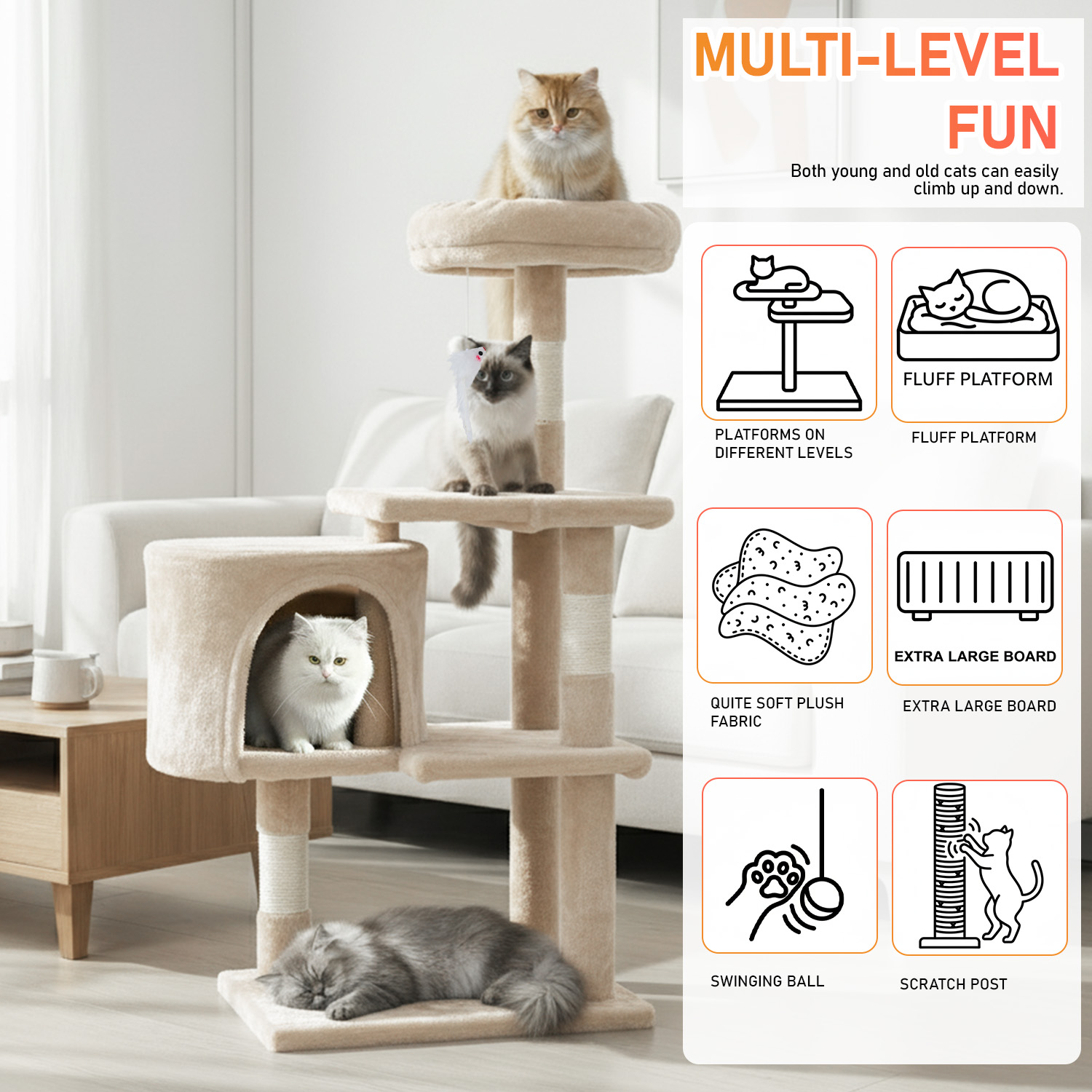 BestPet Cat Tree 37" Tall Cat Tower Kitten with Scratching Posts and Perches Indoor Activity Center for Cats (Beige)
