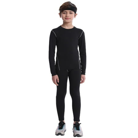 Bullpiano Boys Base Layer Athletic Long Sleeve Compression Shirt and Tights Basketball Running Training Suits