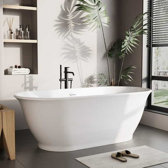 67"/59" Luxury Freestanding Acrylic Bathtub – Oval Soaking Tub with Chrome Drain & Overflow, Modern Standalone Design