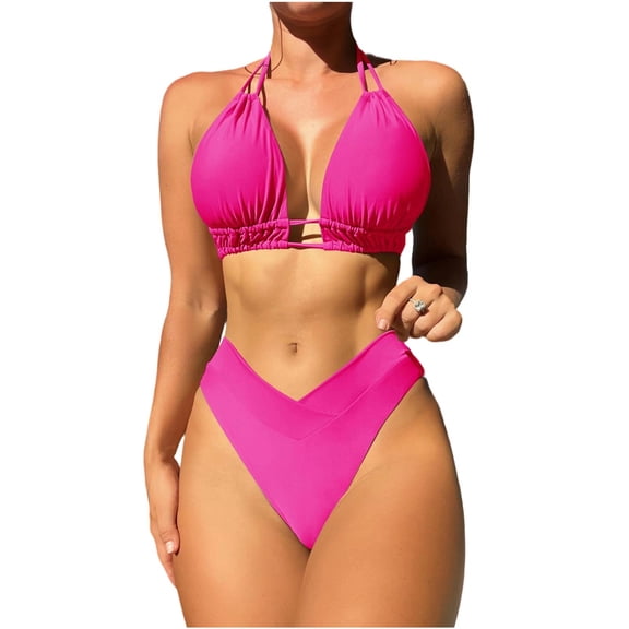 Sevevn Women's Halter Ruched Triangle Bikini Set V-Waist High Cut Two Piece Swimsuit Hot Pink XL