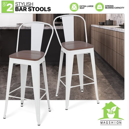 Set of Portable Bar Stools Pub Café Restaurant Dining Chair w/Wooden Seat White
