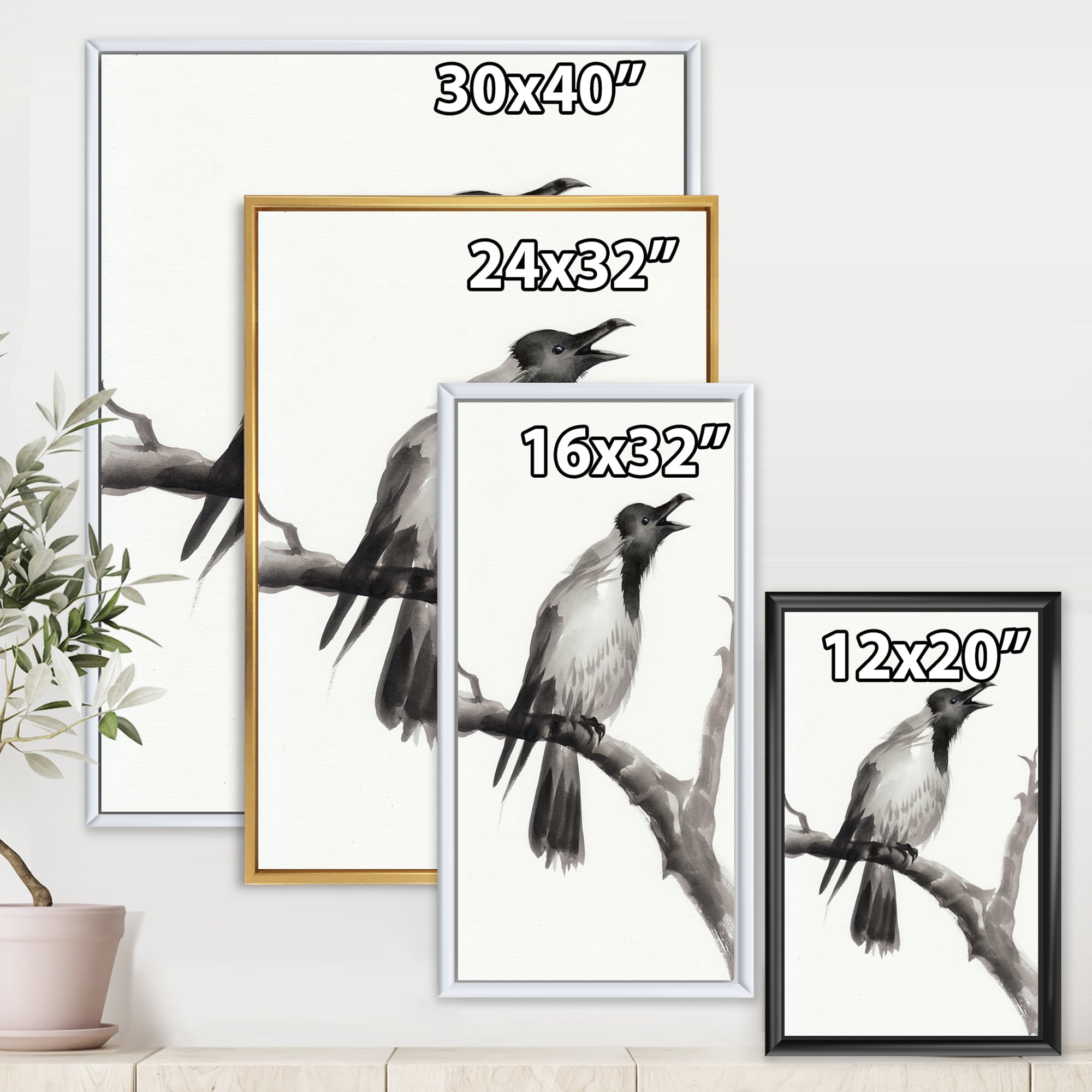 Designart 'Monochrome Crying Crow On A Branch' Traditional Framed Canvas Wall Art Print