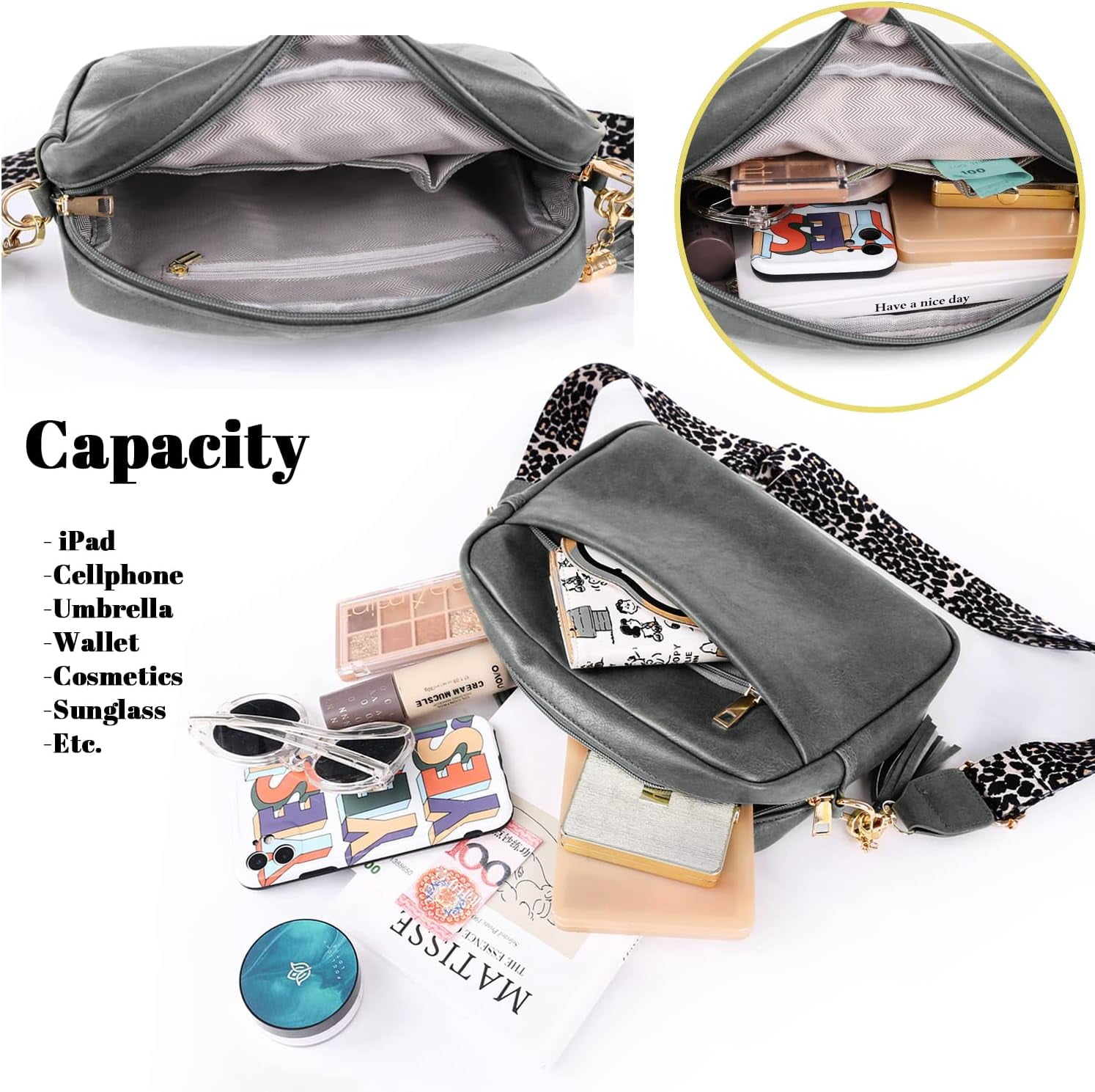 Crossbody Bag for Women Vegan Leather Shoulder Purse with Leopard Adjustable Strap Midsize Zipped Handbag