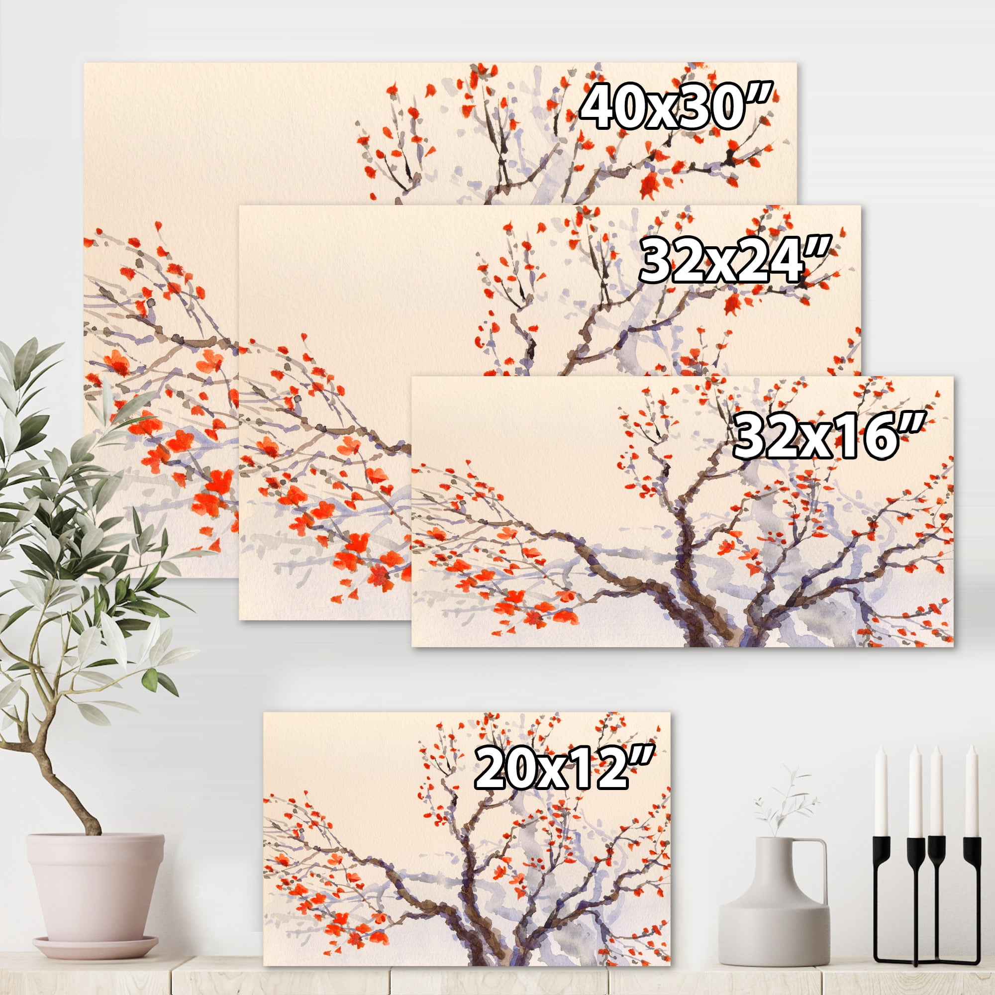 Designart ' Buds and Red Flowers On The Spring Blossoming Tree ' Traditional Canvas Wall Art Print