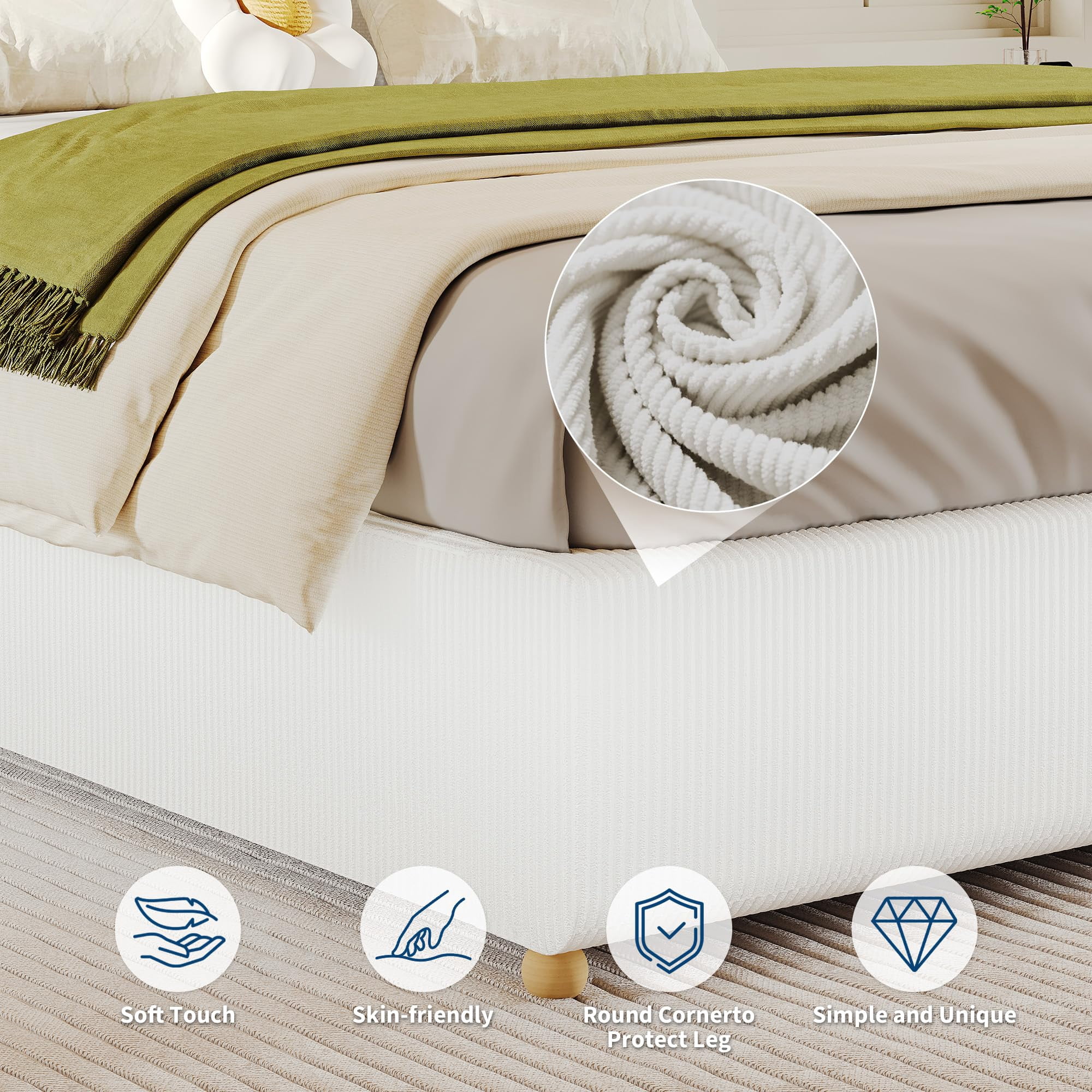 QUEEN Cloud Bed Frame. Teddy Fleece / Corduroy Upholstered Platform Bed with  Wood Legs, No Box Spring, Easy Assembly