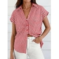 thumbnail image 4 of PRETTYGARDEN Womens Button Down Shirts V Neck Short Cap Sleeve Collared Plaid Tops Summer Spring Casual Blouses Clothes, 4 of 8