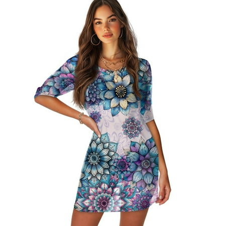 FKELYI Women s Swimsuit Cover Ups Purple Boho Mandala Flower Print Round Neck Swimwear Cover-Up Half-Sleeve Beachwear Bikini Beach Dress for Ladies Summer Vacation Swimming  M