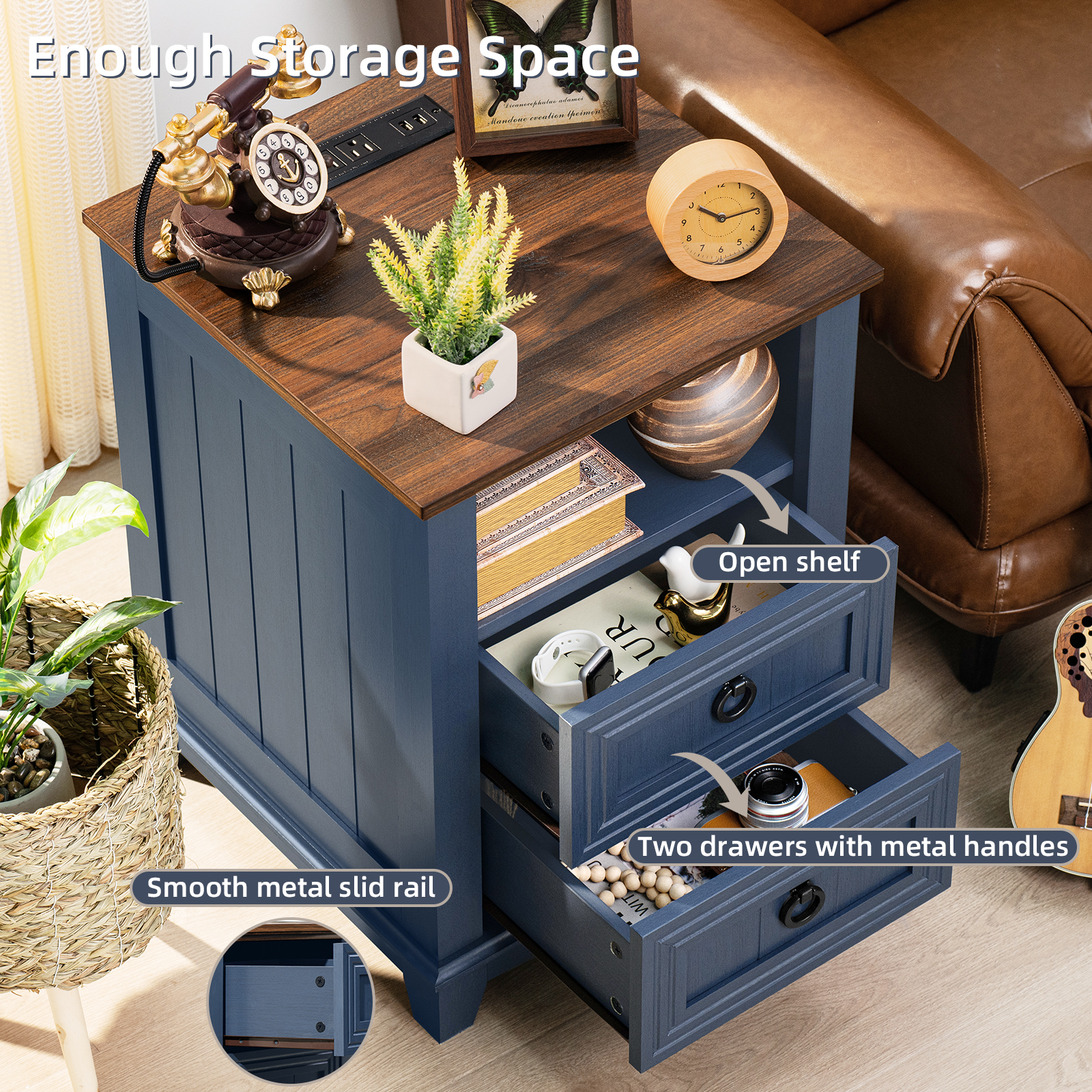 2 Pcs Joaxswe 2 Drawers Farmhouse Nightstand with Charging Station, Bedside Table with Drawers for Bedroom, Adult End Table with Open Shelf, Navy