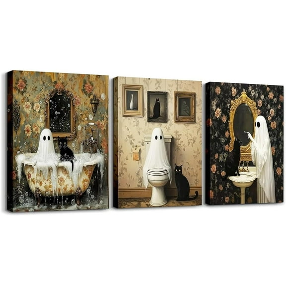 Hieng Halloween Canvas Wall Art for Living Room Ghosts Vintage Flower Office Decorations Artwork Posters Gothic Black Cat Bats Picture Wall Decor for Home Decor Bathroom（Only canvas）