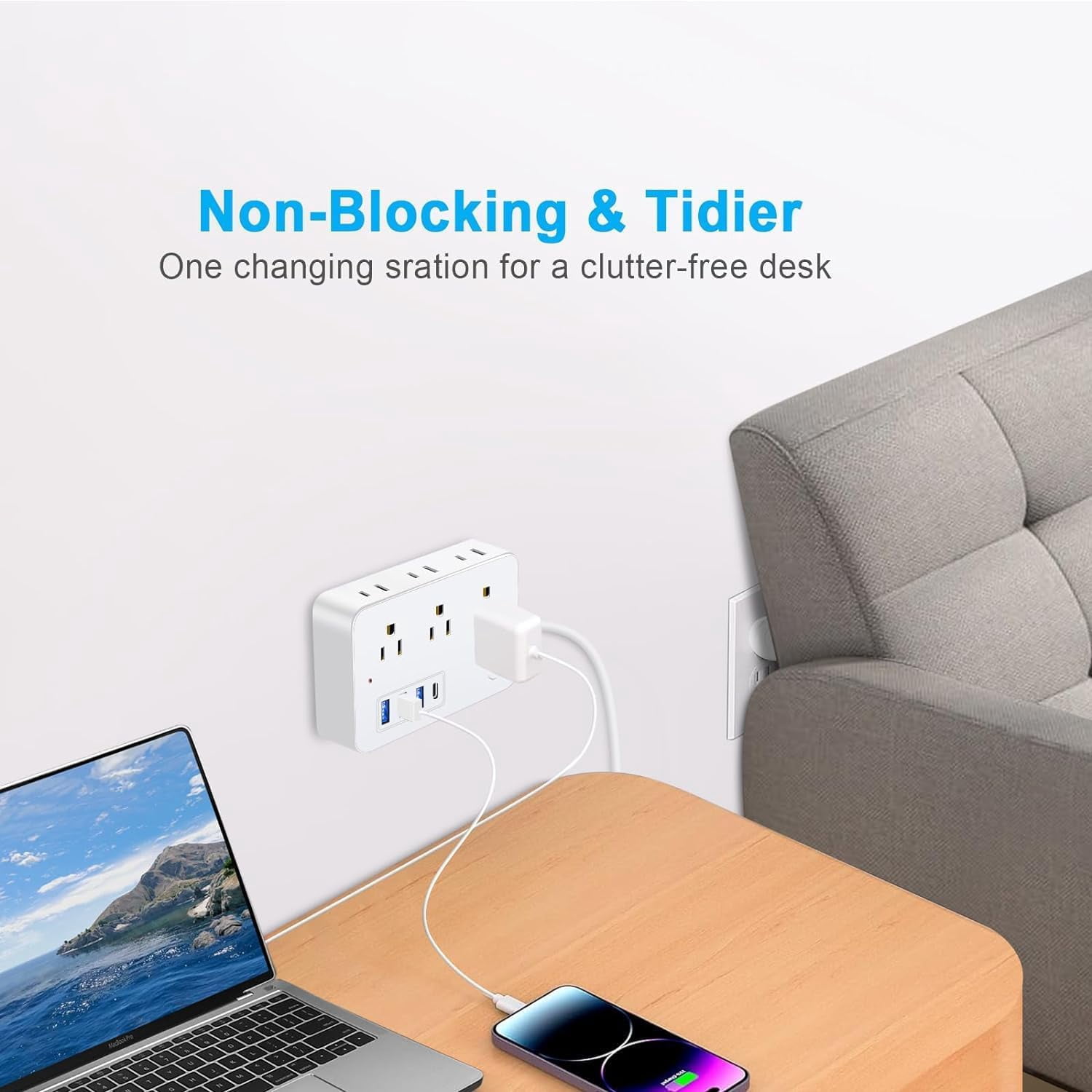15 FT Extension Cord with Multiple Outlets,  15 ft Surge Protector Power Strip with 6 Outlets with 4  Ports(1  C),Flat Plug with Long Cord 1700 Joules Protection for  Office White