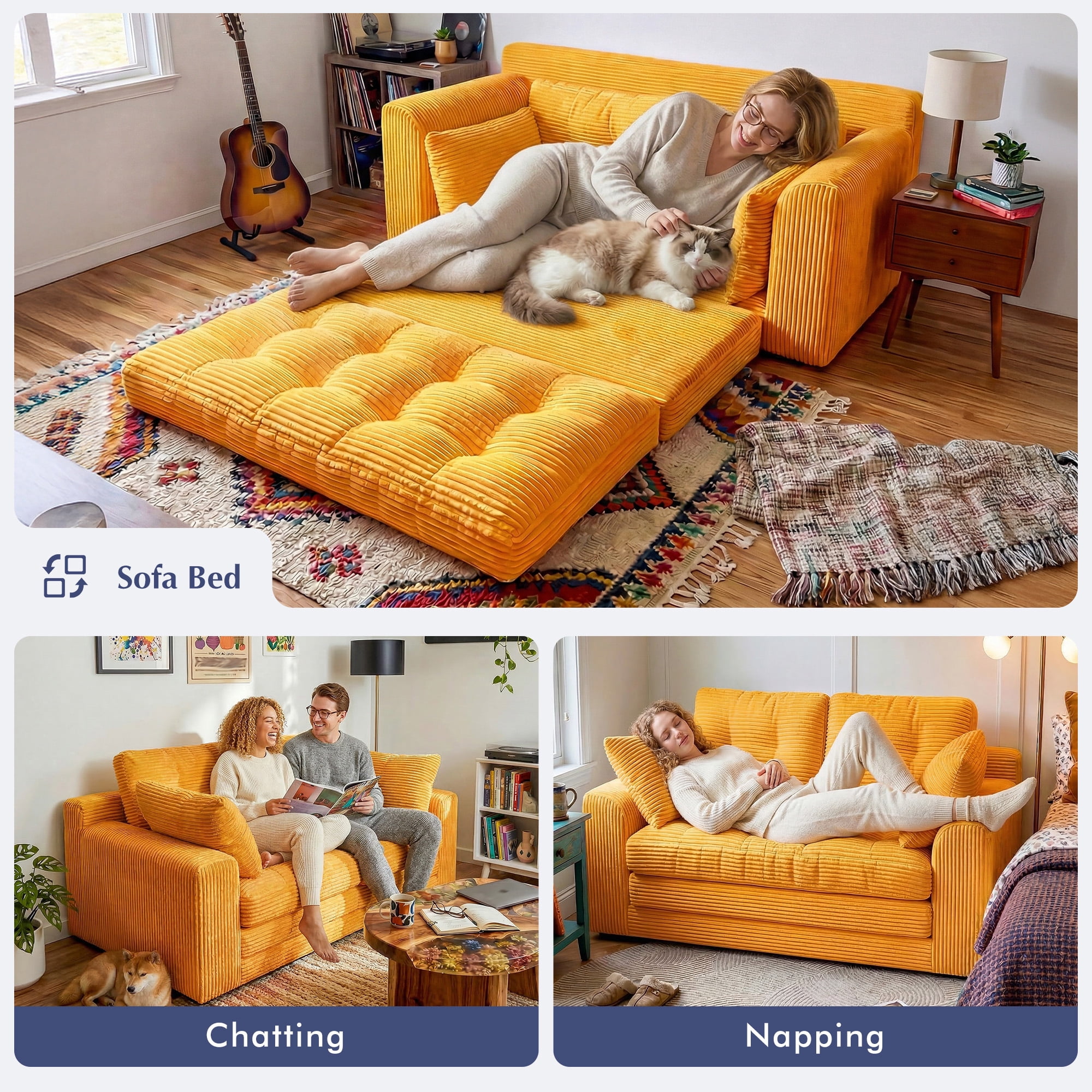 EnHomee 58.6" Foldable Sofa for Adult Loveseat Sofa Couch with Deep Seat Adjustable Floor Sofa Couch with 4 Pillows,Orange