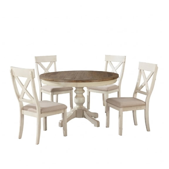 Roundhill Furniture Prato 5-Piece Round Dining Table Set with Cross Back Chairs, Antique White and Distressed Oak