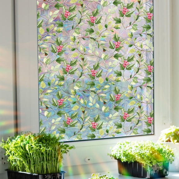 Floral Greenery Window Film 11.8x11.8 inch, Non-Adhesive Privacy Stained Glass Window Sticker, Rainbow Prism Decorative Window Cling for Home & Holiday Decor