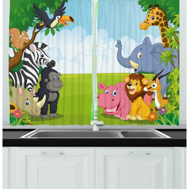 Kids Curtains 2 Panels Set, Kids Design Children Nursery Room Safari Themed Cartoon Animals Image Artwork Print, Window Drapes for Living Room Bedroom, 55W X 39L Inches, Multicolor, by Ambesonne Kids Curtains 2 Panels Set, Kids Design Children Nursery Room Safari Themed Cartoon Animals Image Artwork Print, Window Drapes for Living Room Bedroom, 55W X 39L Inches, Multicolor, by Ambesonne