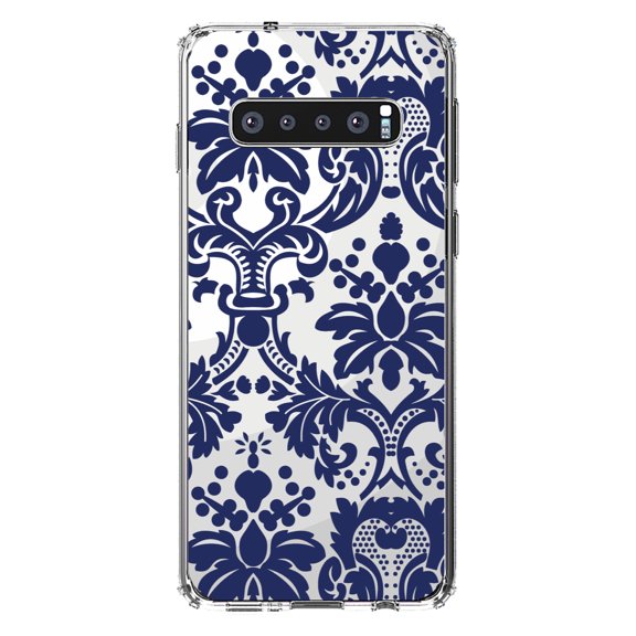 DistinctInk Clear Shockproof Hybrid Case for Samsung Galaxy S10  PLUS(6.4" Screen) - TPU Bumper, Acrylic Back, Tempered Glass Screen Protector - Blue Grey Damask