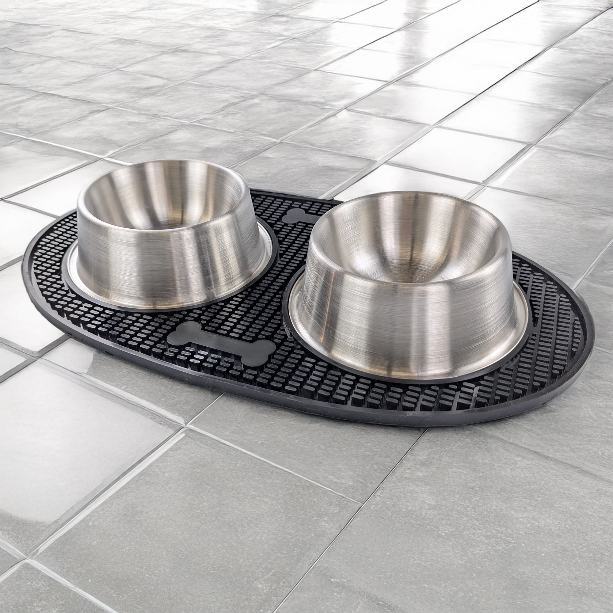 BREKX Metal Dog Bowls Set with Spill Mat for Dogs