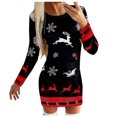 thumbnail image 1 of Robe Noire Femme Mode Décontractée Col Rond Imprimé de Noël Manches Longues Bodycons Mini Robes, 1 of 6