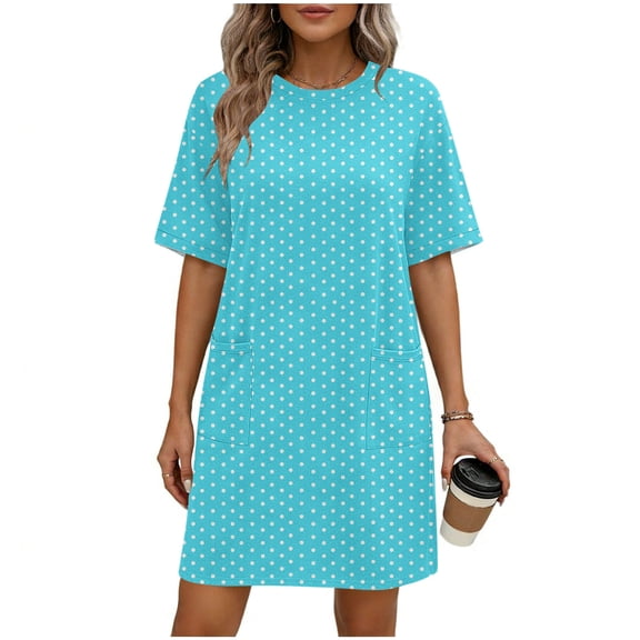 jtjvou Polka Dot Nightgowns for Women Short Sleeve Sleep Shirts Crew Neck Night Dress Nightshirt with Pocket Light Blue L