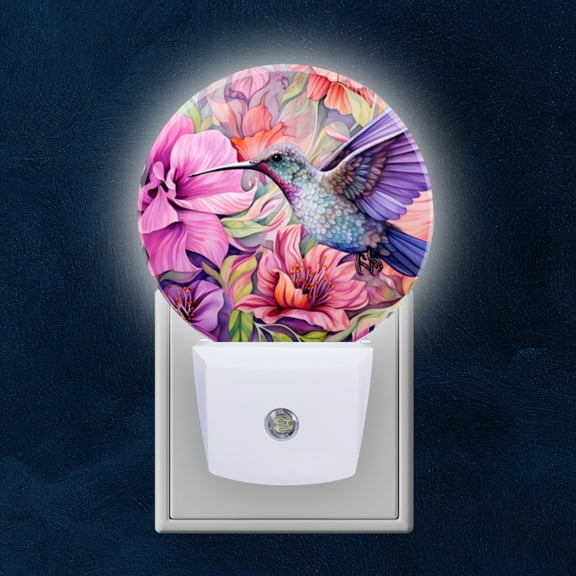 Night Light Plug into Wall,Dusk to Dawn Sensor Auto-On/Off for Bathroom, Hallway,Kids Room-Beautiful Hummingbird Surrounded By Pastel Flowers