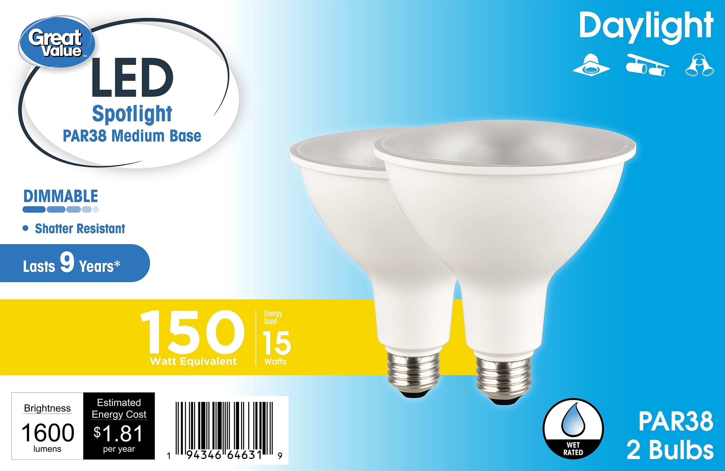 Great Value PAR38 LED Flood Light Bulbs, 15-Watt (150W Equivalent), Daylight White, Dimmable, E26 (2Pack)
