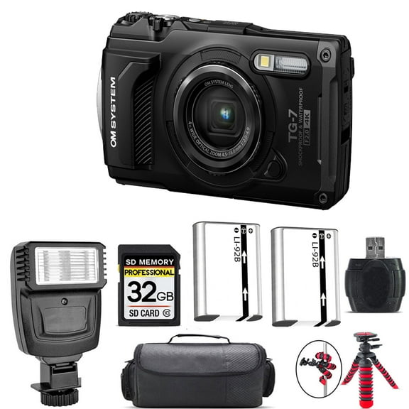 Olympus OM SYSTEM Tough TG-7 Digital Camera (Black)   Extra Battery   Flash - 32GB Kit (International Version)