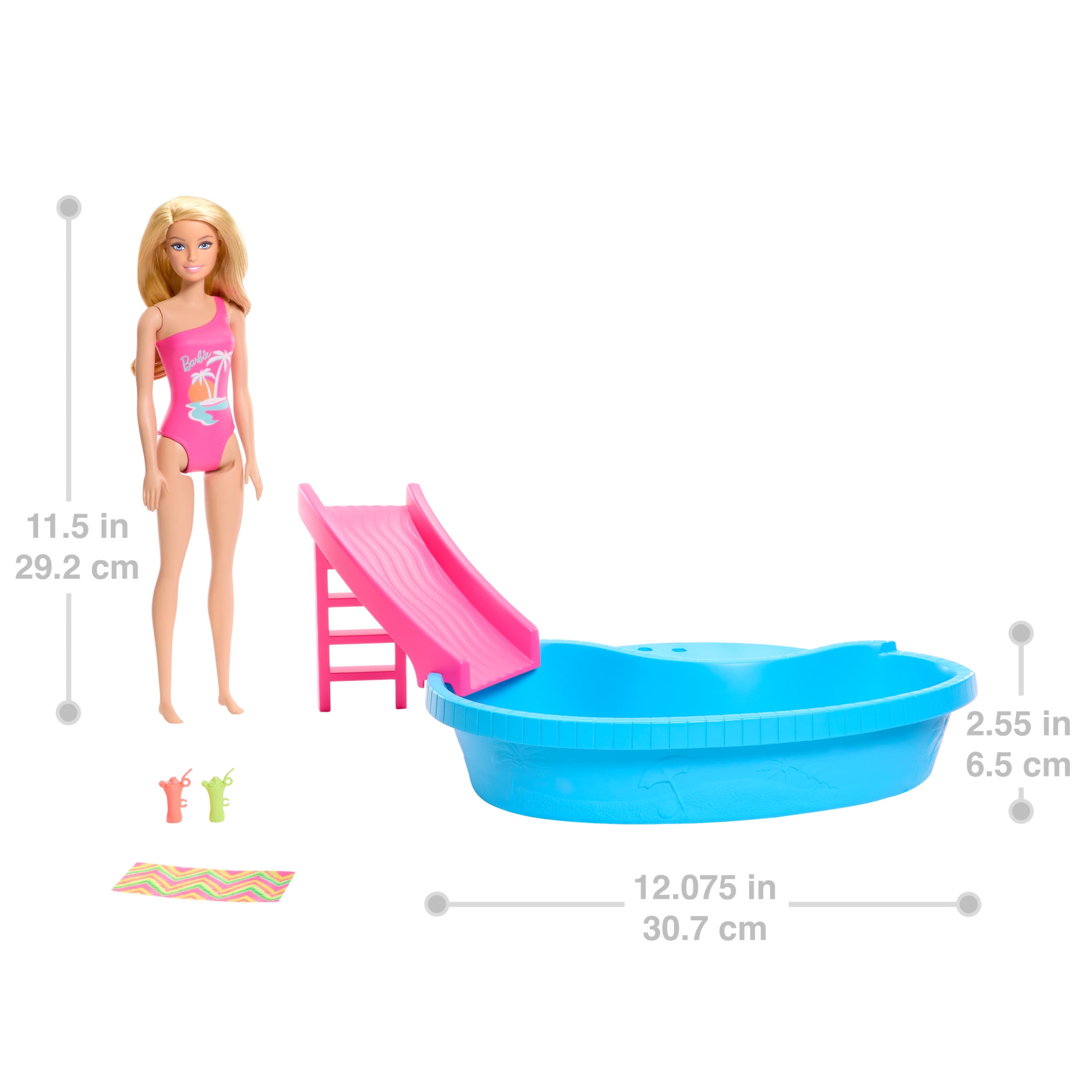 Barbie Doll and Pool Playset, Blonde with Pool, Slide, Towel and Drink Accessories, Multicolor
