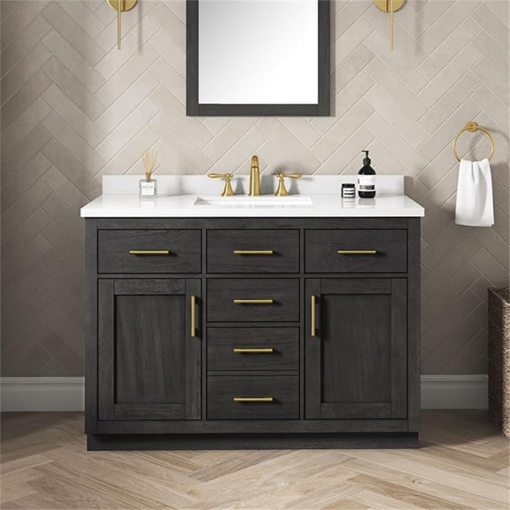 Pemberly Row 48" Bathroom Vanity in Matte Black Wood with White Countertop