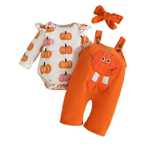ENFLASH My First Halloween Baby Girl Outfit Newborn Pumpkin Romper Corduroy Suspender Overalls Headband 3-Pieces Halloween Clothes