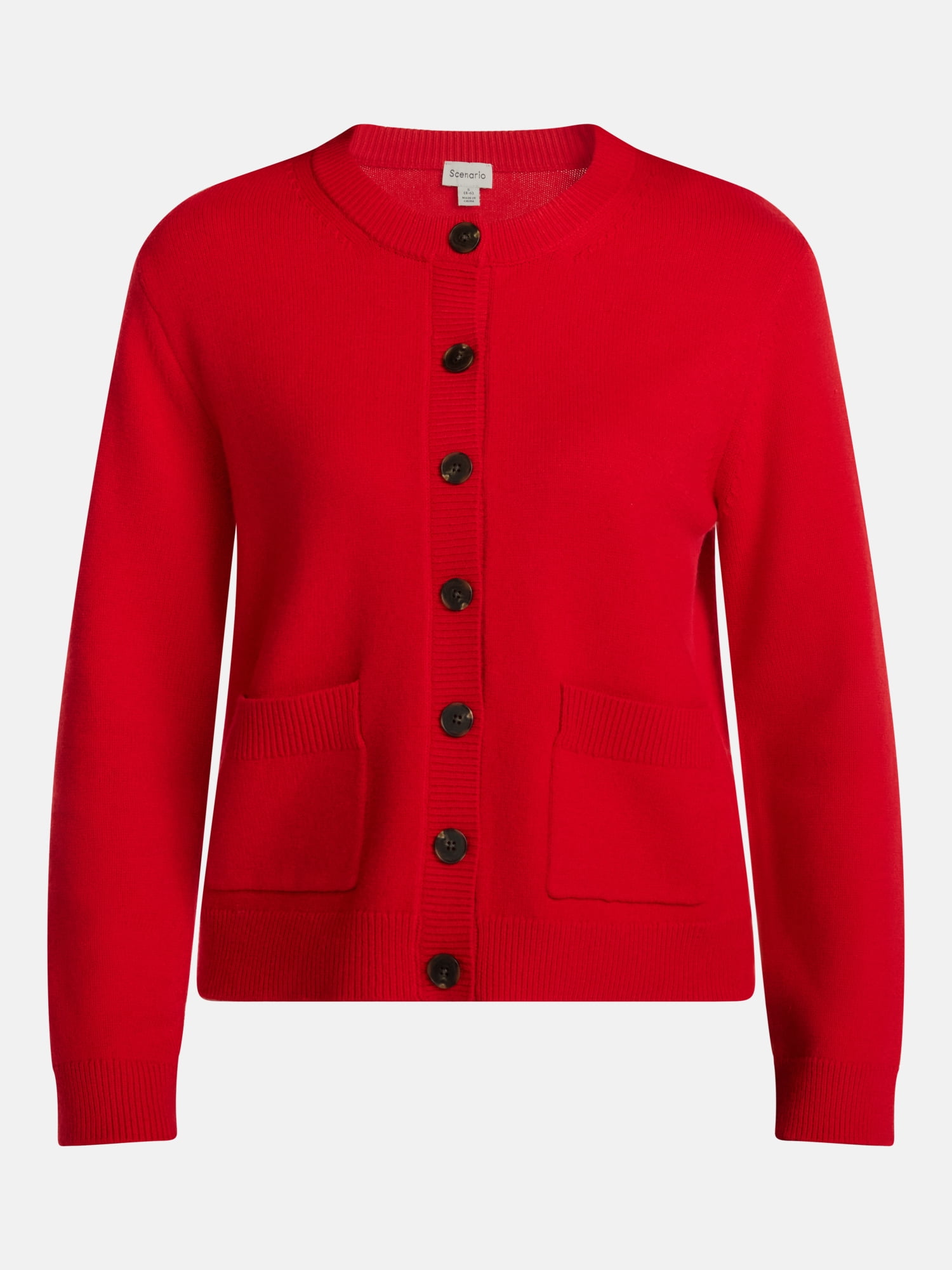 Scenario Women's Crewneck Cardigan with Patch Pockets, Lightweight, Sizes XS-XXXL