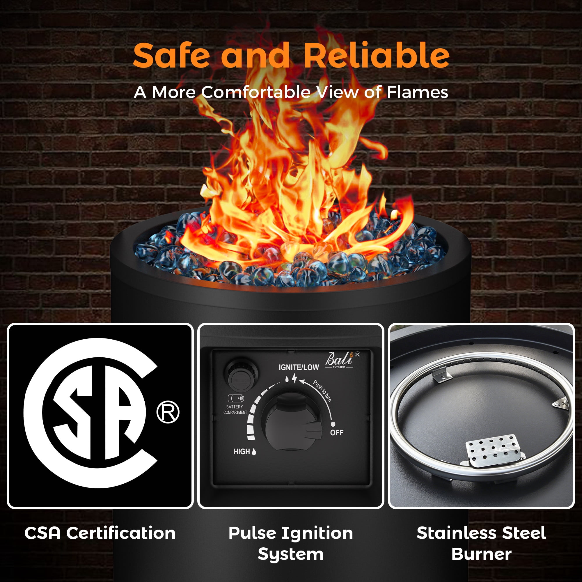 BALI OUTDOORS 23" Gas Fire Pit Propane Fire Column, 50,000BTU Round Propane Fire Pit Table with Glass Stones