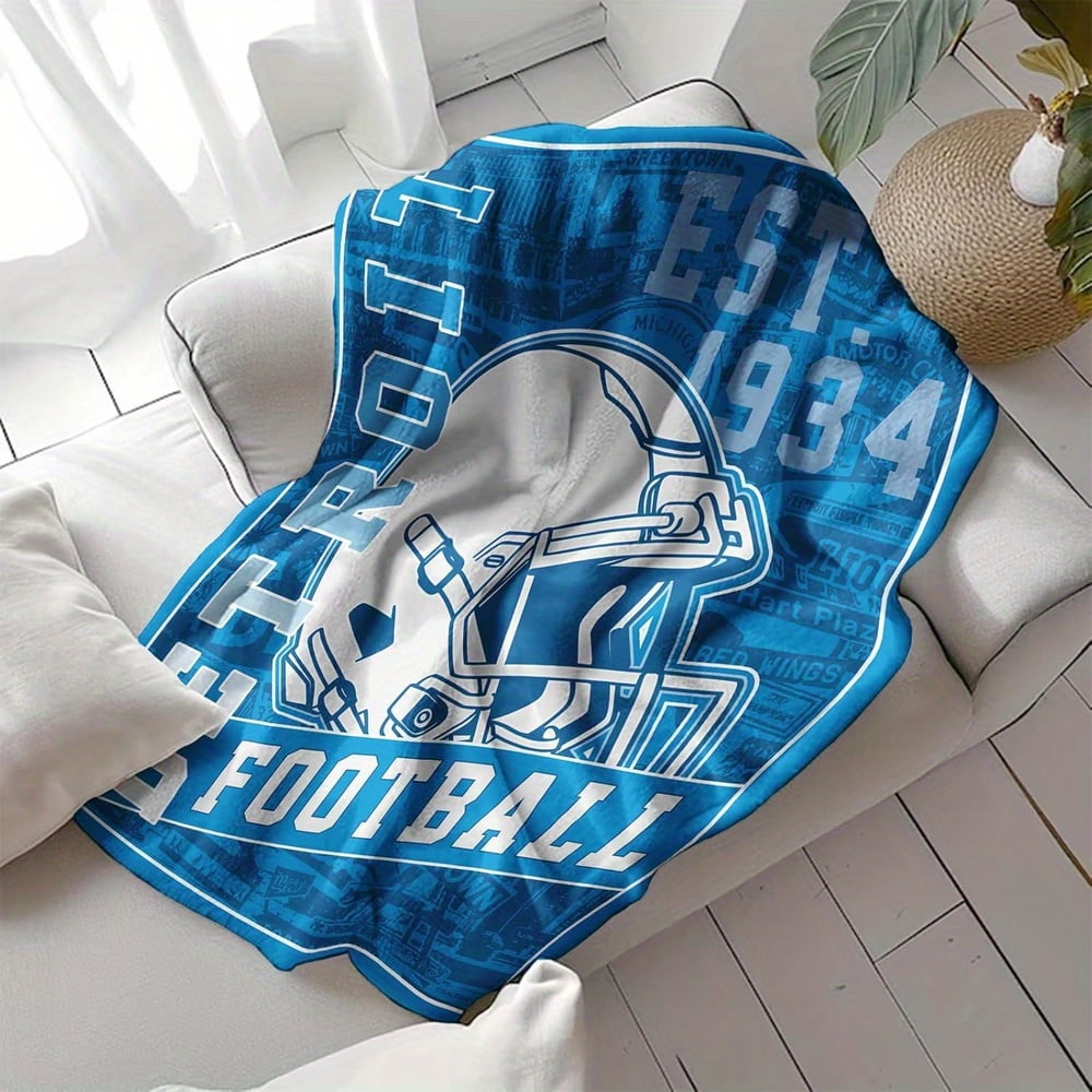 Detroit Football Team Flannel Throw Blanket Soft Lightweight Vintage Blue & White Helmet Design Cozy Winter Decor for Couch & Living Room Ideal Gift for Sports Fans